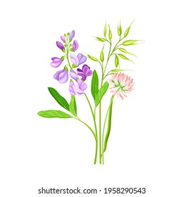 Freshly Cut Wildflowers and Meadow Plants on Stem as Floral Vector Composition