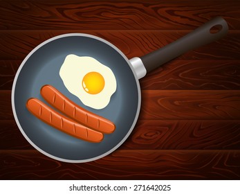 Freshly fried sausages and egg on frying pan on brown wooden table. Vector image can be used for restaurant and cafe menu design, food posters, print cards and other crafts.