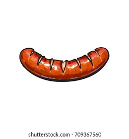 Freshly Grilled, Barbequed Processed Meat Sausage, Sketch Style Vector Illustration On White Background. Realistic Hand Drawing Of German Sausage Grilled, Fried On Open Fire, BBQ, Picnic Food