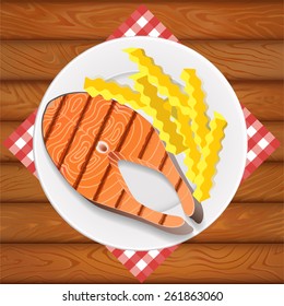 Freshly grilled salmon with french fry. White dish is on the wooden table. Vector image can be used for restaurant and cafe menu design, food posters, print cards and other crafts.