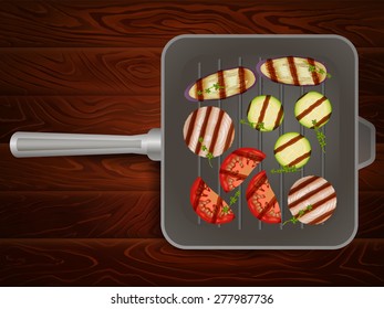 Freshly grilled vegetables with thyme on grilling pan placed on wooden table. Vector image can be used for restaurant and cafe menu design, food posters, print cards and other crafts.