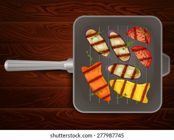 Freshly grilled vegetables with thyme on grilling pan placed on wooden table. Vector image can be used for restaurant and cafe menu design, food posters, print cards and other crafts.