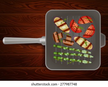 Freshly grilled vegetables with thyme on grilling pan placed on wooden table. Vector image can be used for restaurant and cafe menu design, food posters, print cards and other crafts.