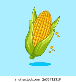 Freshly Harvested Corn on the Cob with Green leaves Vector Illustration Cartoon Design