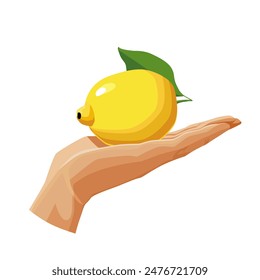 Freshly and healthy yellow lemon in the palm of the hand isolated on white background. Vector illustration in flat style with dietary fruit. Clipart for card, banner, flyer, poster design
