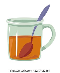 Freshly made cup of tea. Isolated icon of served hot herbal beverage, glass mug with handle and spoon for mixing. Tasty and warm drink for morning breakfast or lunch. Vector in flat style illustration
