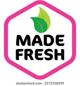 Freshly made, naturally delicious. Vibrantly emphasizing freshness and natural ingredients product Label. Hexagon design with leaves and bold pink outline.