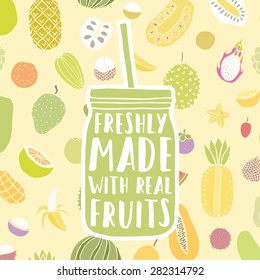 Freshly made with real fruits. Hand drawn jar with fruit pattern
