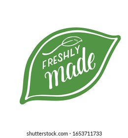 Freshly made – sign for prints on paper used in bakery, package for pastries, wrap for pastry, sticker for food, burgers and salad to take away. Vector stock illustration isolated on background. EPS