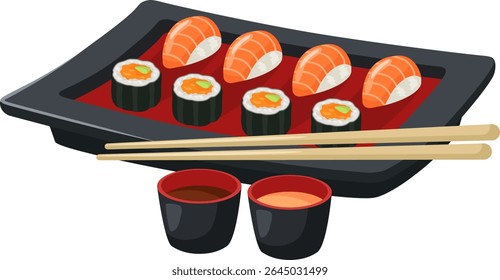 Freshly made sushi pieces and nigiri with salmon are served on a sleek black plate. Accompanied by chopsticks and small bowls containing soy sauce and spicy mayo. Creating an enticing culinary scene