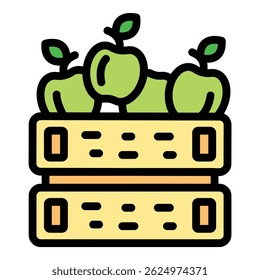 Freshly picked green apples are neatly arranged in stacked wooden crates, ready for storage or transport