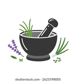 Ervas recém-colhidas sendo esmagadas em um morteiro com Pestle Natural Remedy Ingredient Prep Isolated White View