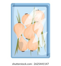 Freshly picked onions, bundled together and wrapped in plastic, ready to be shipped to grocery stores and markets