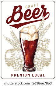 A freshly poured glass of craft beer sits on a wooden table with the frothy top inviting sips. Surrounding it are decorations hinting at local brewing traditions and quality ingredients.