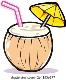 Freshly prepared coconut cocktail with straw and umbrella perfect for tropical getaways.