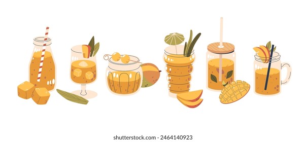 Freshly Prepared Mango Drinks. Vector Glasses, Including A Bottle, Wine Glass, Jar And Mug Filled With Yellow Cocktail