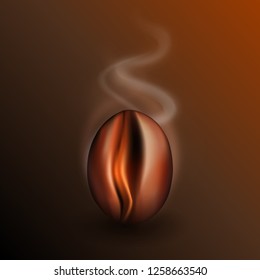 Freshly Roasted Coffee Bean with Rising Smoke. Realistic 3d Vector Illustration of Fragrant Coffe Grain on Dark Background