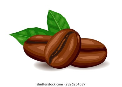 Freshly roasted coffee beans with leaves isolated on white background.