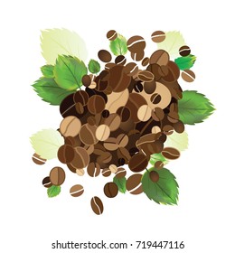 Freshly roasted coffee beans with leaves isolated on white background. Vector illustration.