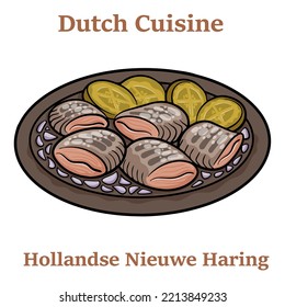 Freshly salted herring fish, traditional dutch delicacy called hollandse nieuwe on turquoise plate and white background.