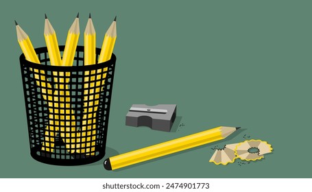 Freshly sharpened yellow pencils in a black mesh pencil holder, pencil shavings and a pencil sharpener on a green background. Ready to start concept