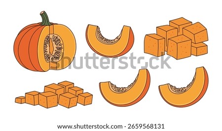 Freshly sliced ripe orange pumpkin vegetable food ingredients healthy natural autumn harvest cuisine cooking preparation