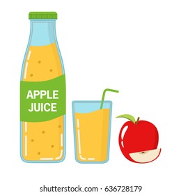 
Freshly squeezed apple juice in glass bottles the label and in a glass with a tubule. A ripe fruit with a segment. The summer refreshing drink for healthy food. Flat linear art vector.  
