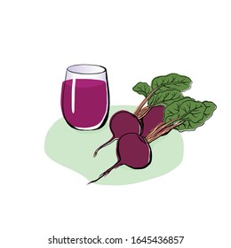 Zumo de remolacha de color burdeos recién exprimido en un vaso con fondo blanco. Comer sano Los frutos de las remolachas. Ilustración vectorial al estilo de las caricaturas. Para carteles, diseños publicitarios, etc.