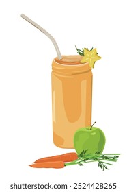 Freshly squeezed carrot apple juice in jar with carambola, herbs. Ripe carrots, green apple. Colorful tasty vector illustration of fruit vegetable mixed juice. Fresh vitamin drink. Colorful juice menu