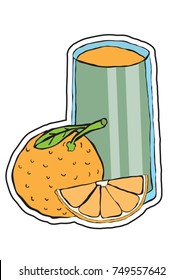 freshly squeezed fruit juice, whole orange and slice, full glass beaker, vector image