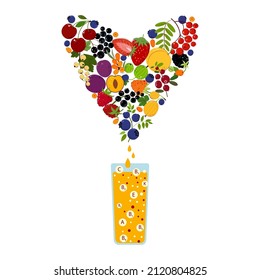 Freshly squeezed juice from berries and fruits. Juice that contains vitamins. Heart made from different fruits and berries. Flat style Vector Illustration.