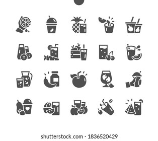 Freshly squeezed juice, fruit and vegetable smoothies in glass glasses. Healthy lifestyle concept. Menu for restaurant and cafe. Vector Solid Icons. Simple Pictogram