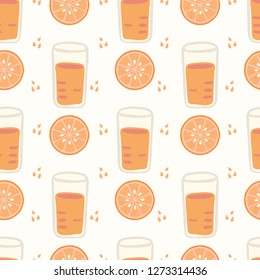 Freshly squeezed orange citrus fruit slice cartoon with glass of juice and wet drop splashes. Hand drawn seamless vector pattern illustration. Juicy drink for healthy vitamin drink background. 