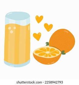 Freshly squeezed orange juice with half of orange. Beverage for breakfast. Vegetarian, healthy drink. Popular products. Vector hand drawn clipart in trendy naive style. Cute illustration isolated.