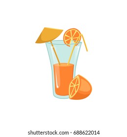Freshly squeezed orange juice in tall glass with straw and umbrella, cartoon vector illustration isolated on white background. Orange juice, cocktail, drink in tall glass decorated with straw