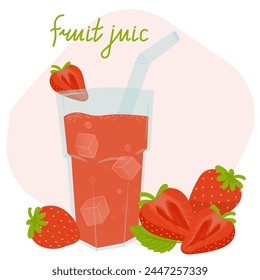 Freshly squeezed peach juice in a glass with pieces of ice and a slice of melon. Summer refreshing drink, juice with pieces of fruit and ice. Vector