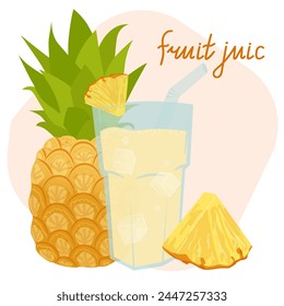 Freshly squeezed pineapple juice in a glass with pieces of ice and a slice of pineapple. Summer refreshing drink, juice with pieces of fruit and ice. Vector