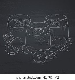 Freshly squeezed vegetable juices from cucumber, beet and carrot. Squeezed vegetable juices hand drawn in chalk on a blackboard. Squeezed vegetable juices vector sketch illustration.