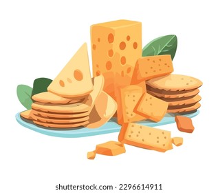 Freshly stacked cheese and cookies on plate icon isolated