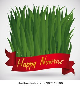 Freshly wheat grass leaves behind a red ribbon (or "Sabzeh" in Haft Seen tradition) with golden greeting text, growing for Nowruz (Persian New Year) tradition.