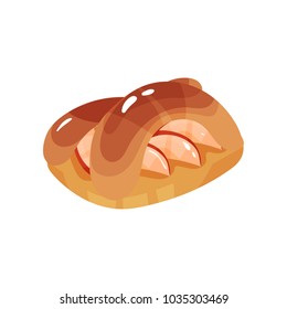 Freshly-baked bun or pie with apples. Appetizing fruit dessert. Colorful food icon. Design element for bakery shop or cafe menu. Cartoon flat vector illustration