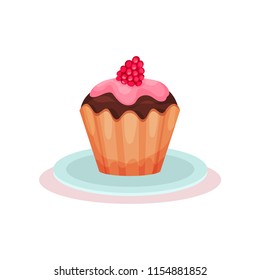 Freshly-baked cupcake with pink glaze and ripe raspberry on top. Tasty chocolate muffin. Delicious dessert. Sweet food. Flat vector icon