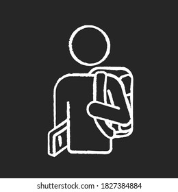 Freshman chalk white icon on black background. Ninth grade student. High school pupil with rucksack. University undergraduates. International student. Isolated vector chalkboard illustration