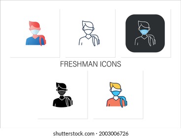 Freshman icons set. First-year student. Young man ready for studying. Professional development. Graduation concept.Collection of icons in linear, filled, color styles.Isolated vector illustrations 