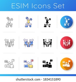 Freshman life icons set. University female sports. Cheerleading. Professors and lecturers. School cafeteria and public canteen. Linear, black and RGB color styles. Isolated vector illustrations