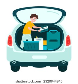 Freshman Packing their belongings in blue car. The student puts his things in the luggage in the car.