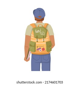 Freshman Student With Backpack Rear View Isolated Flat Cartoon Character, School Boy Teenager With Books. Vector Highschool Or College Student With Rucksack Knapsack