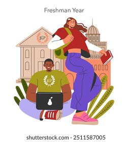 Freshman Year concept. College students starting their academic journey, with campus life backdrop. First-year excitement, new beginnings. Vector illustration.