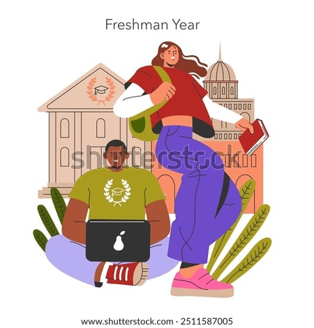 Freshman Year concept. College students starting their academic journey, with campus life backdrop. First-year excitement, new beginnings. Vector illustration.