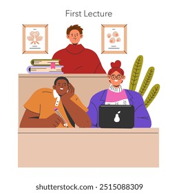 Freshman Year concept. A diverse group of students engaged in their first college lecture. Academic journey beginning, higher education setting. Vector illustration.